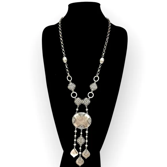 CHICO’S 36” Ornate Silver Tone Statement Boho Modern Lariat Necklace | NWOT - Picture 1 of 6